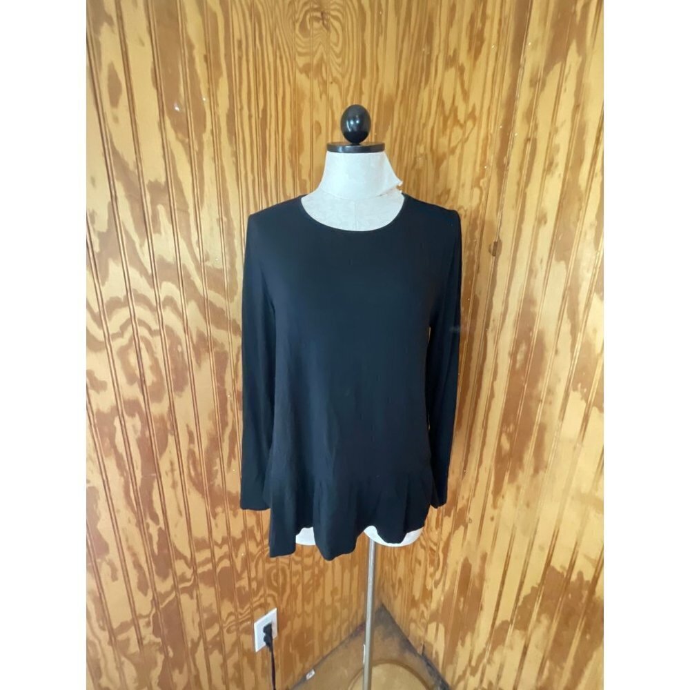 Soft Surroundings Pullover Top Stretch Long Sleeve Ruffled Black Sz Small